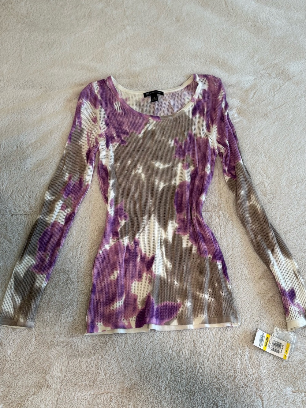 INC International Concepts Purple and Taupe Tie-Dye Ribbed Long Sleeve Top